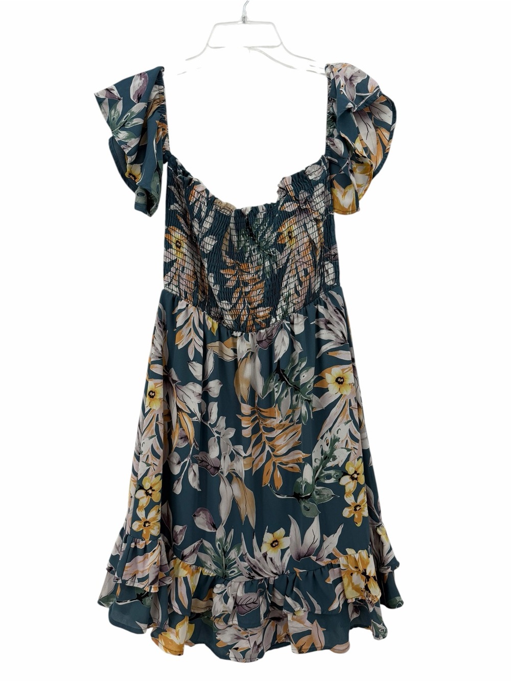 Peach Love California Teal Floral Ruffle Mini Dress